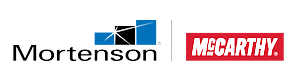 Logo of Mortenson company featuring geometric shapes in blue and gray with the word "Mortenson" in black and a red tag reading "Get To Know.