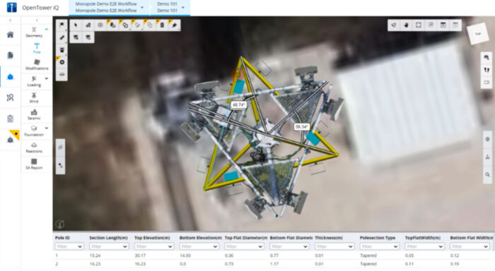 Screenshot of OpenTower iQ software displaying a detailed 3D model comparison of a telecom tower. The image shows structural data overlaid on the tower's design, highlighting angles and measurements for various sections. A data table below provides information on pole ID, section length, and other engineering details. The interface includes tools for modifications, geometry adjustments, and loading analyses on the left side.