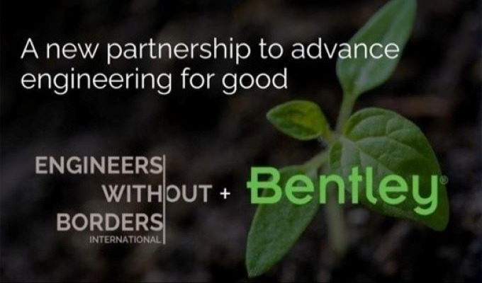 an image with a background of a plant growing in the ground overlayed with text on top of it saying, "A new partnership to advance engineering for good" with the Engineers Without Borders logo and the Bentley logo